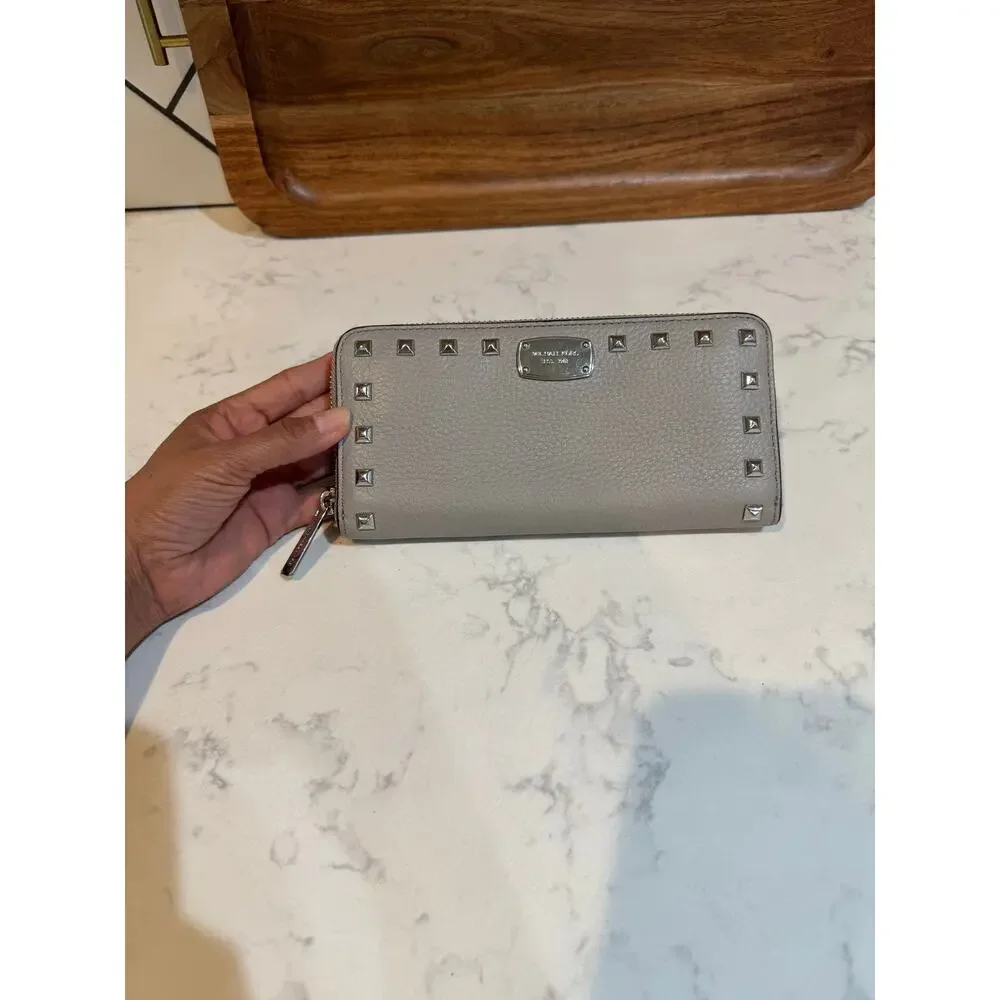 Michael Kors Gray Studded Jet Set Continental Wallet clutch textured leather